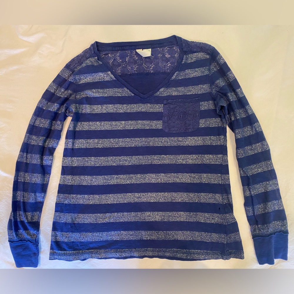 Blue and Silver Striped Long Sleeve, (Size Small)